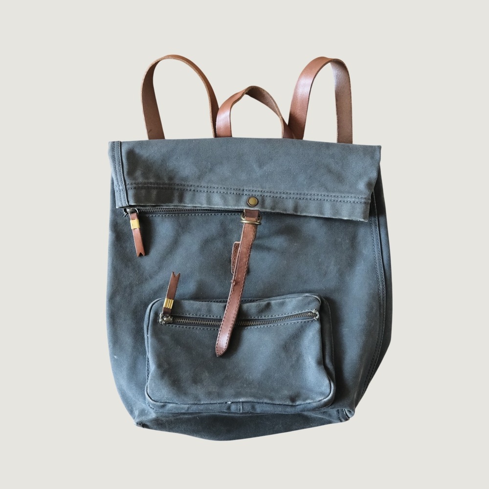 Madewell The Canvas Foldover Backpack Gray Leather Trim Army Surplus Style OS